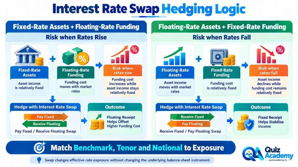 Comparison showing how pay-fixed receive-floating and receive-fixed pay-floating interest-rate swaps can hedge different banking-book repricing exposures.