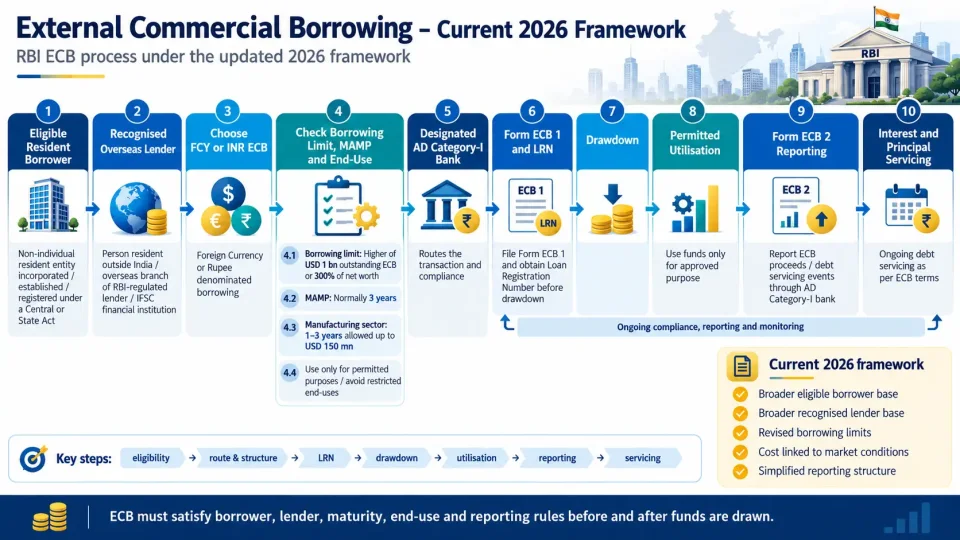 Process diagram showing the current RBI external commercial borrowing process from borrower and lender eligibility through LRN, drawdown, use and reporting.