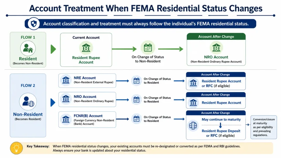Process diagram showing how resident, NRE, NRO, FCNR(B) and RFC accounts change when FEMA residential status changes.
