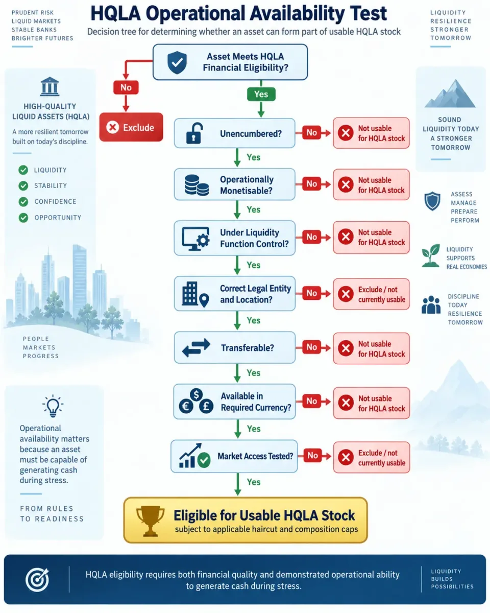 Decision tree showing the financial and operational tests an asset must pass before it can form part of a bank's usable HQLA stock.