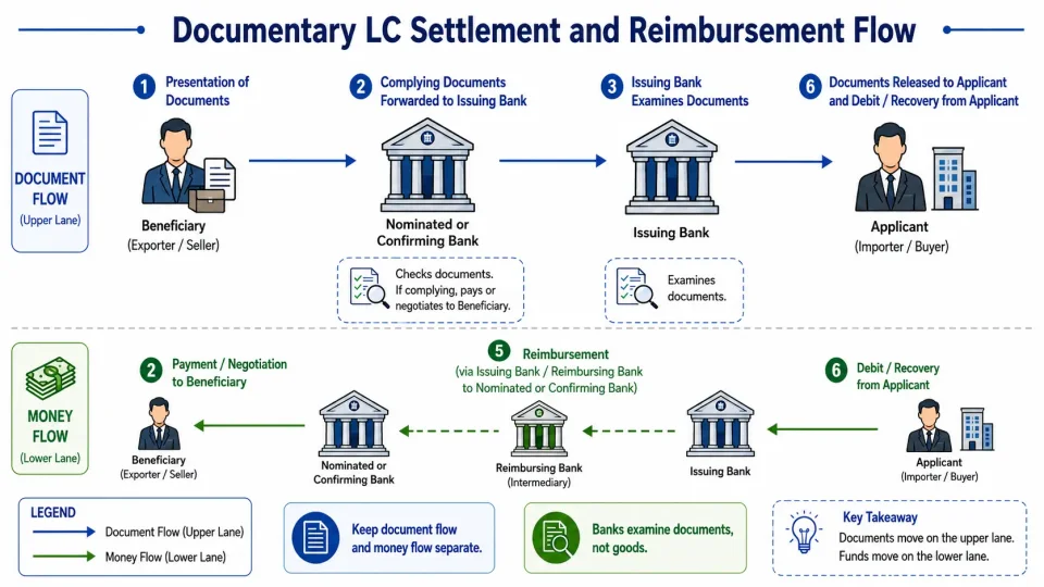 Transaction-flow diagram showing document presentation, payment to the LC beneficiary, interbank reimbursement and recovery from the applicant.