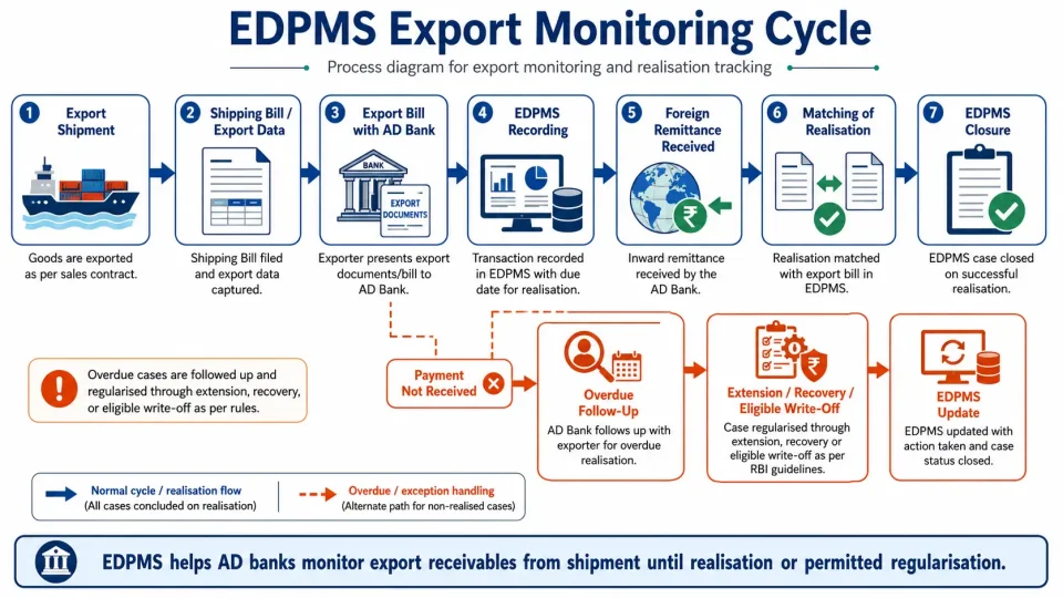 Process diagram showing how EDPMS tracks an Indian export transaction from shipment through realisation, overdue follow-up and regulatory closure.