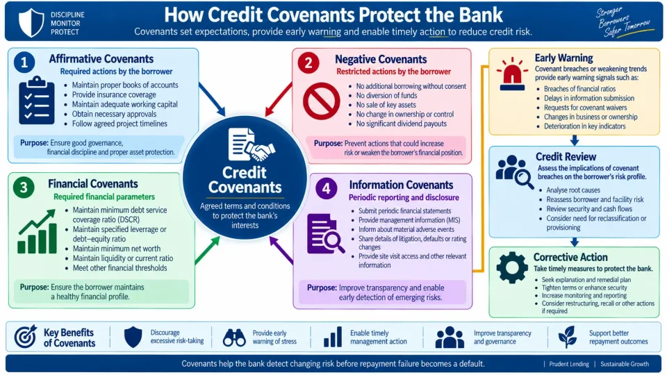 Concept map explaining affirmative, negative, financial and information covenants and how they provide early warning of credit deterioration.