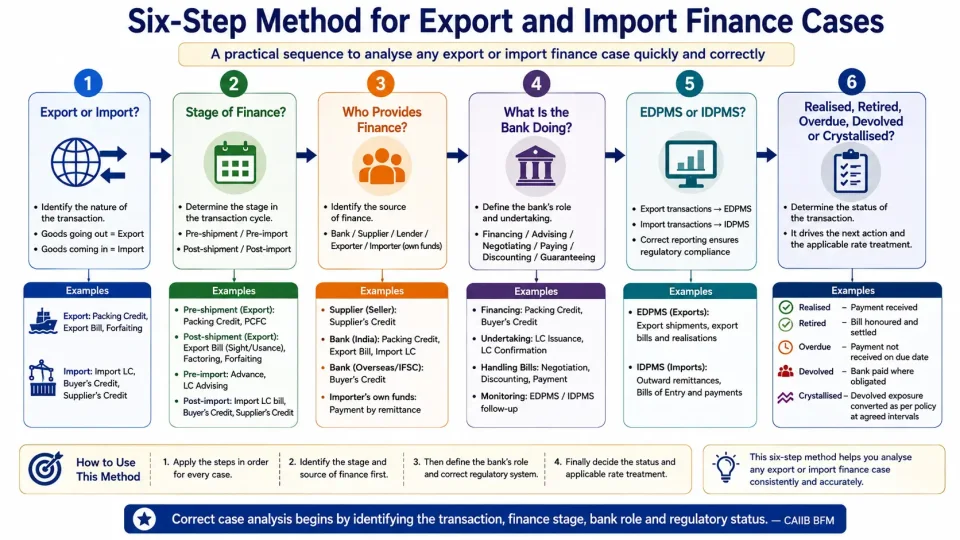 Flowchart showing a six-step method for analysing integrated export and import finance cases for CAIIB BFM.