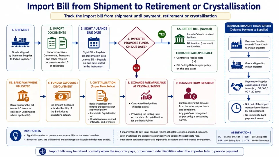 Flowchart showing import-bill retirement, LC devolvement and crystallisation with the applicable exchange-rate treatment.
