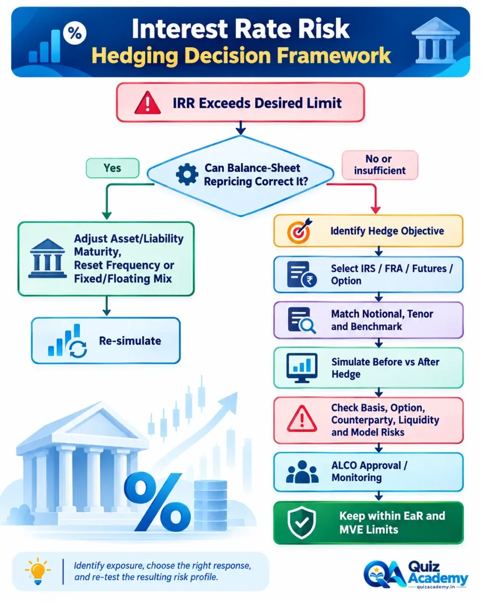 Decision tree showing how a bank chooses between balance-sheet repricing and derivative hedging to control Interest Rate Risk.