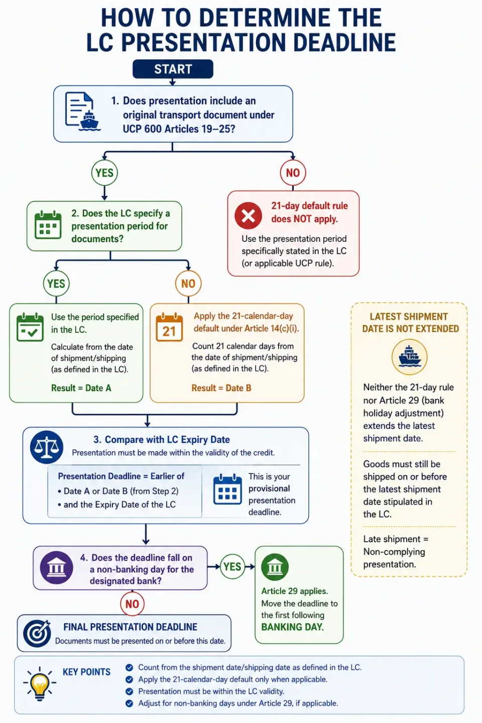 Decision tree explaining how to calculate the final presentation deadline under UCP 600 using shipment date, presentation period, expiry date and bank closure rules.