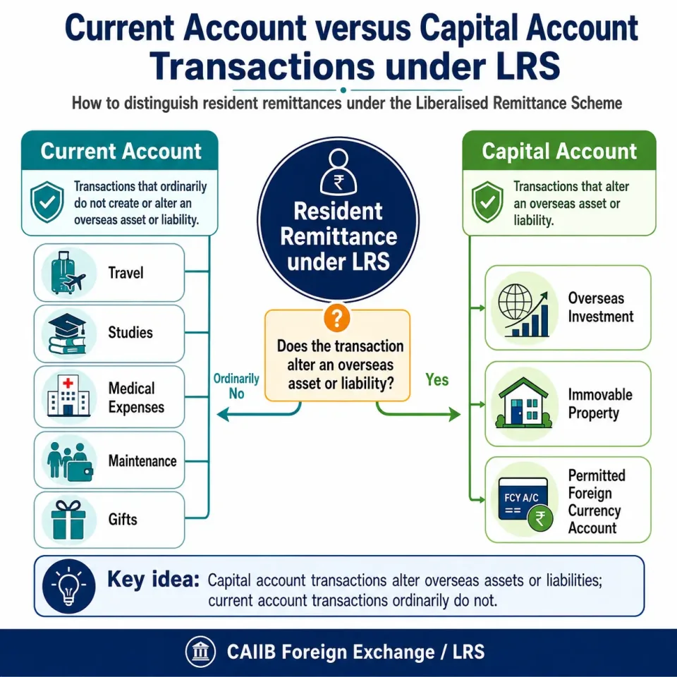 Concept map explaining how to distinguish current account and capital account transactions under the Liberalised Remittance Scheme.