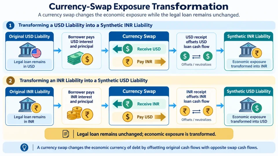 Transaction-flow diagram showing how a currency swap converts USD debt into synthetic INR debt and can also perform the reverse transformation.