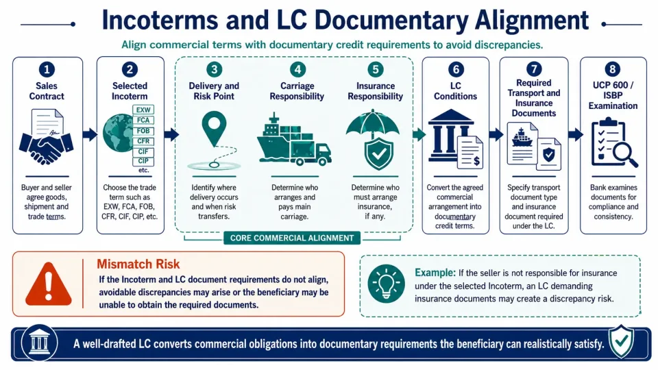 Process diagram showing how Incoterms, delivery, risk, carriage and insurance responsibilities should align with Letter of Credit document requirements.