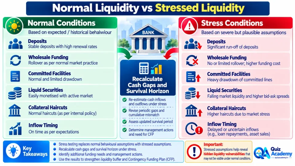 Comparison showing how normal balance-sheet liquidity assumptions can deteriorate during bank-specific and market-wide stress.