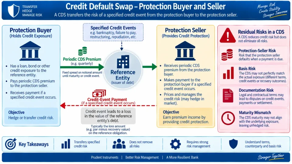 Credit default swap diagram showing premium from protection buyer to protection seller and payment following a specified credit event of the reference entity.