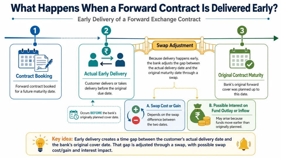 Timeline explaining why early delivery of a forward foreign exchange contract creates a swap adjustment between the actual and original delivery dates.
