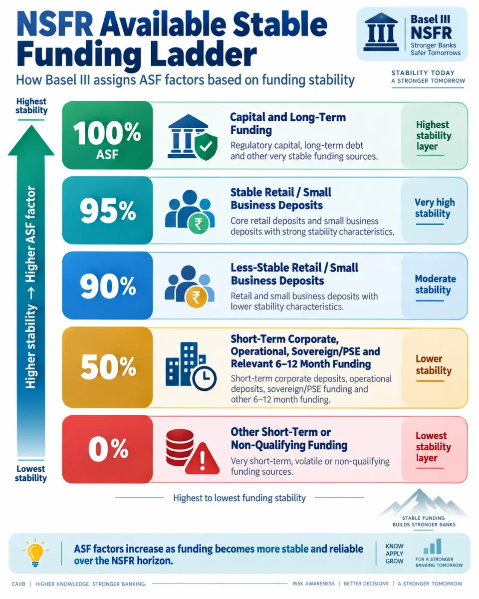 Hierarchy explaining the 100, 95, 90, 50 and zero percent ASF factors used in Basel III NSFR calculations.