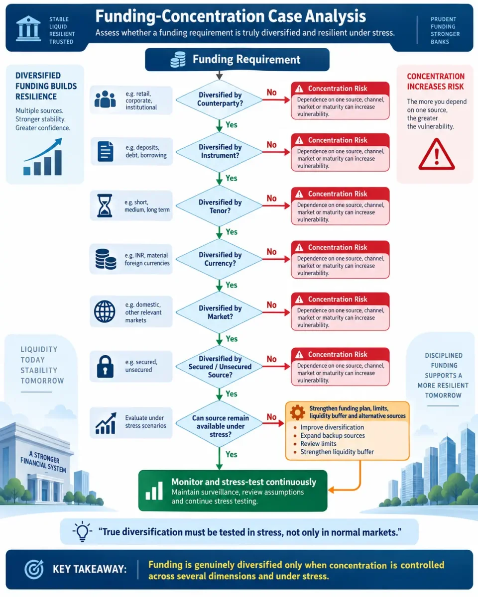 Decision tree showing how banks assess funding diversification and identify concentration risk across counterparties, maturities, instruments, currencies and markets.