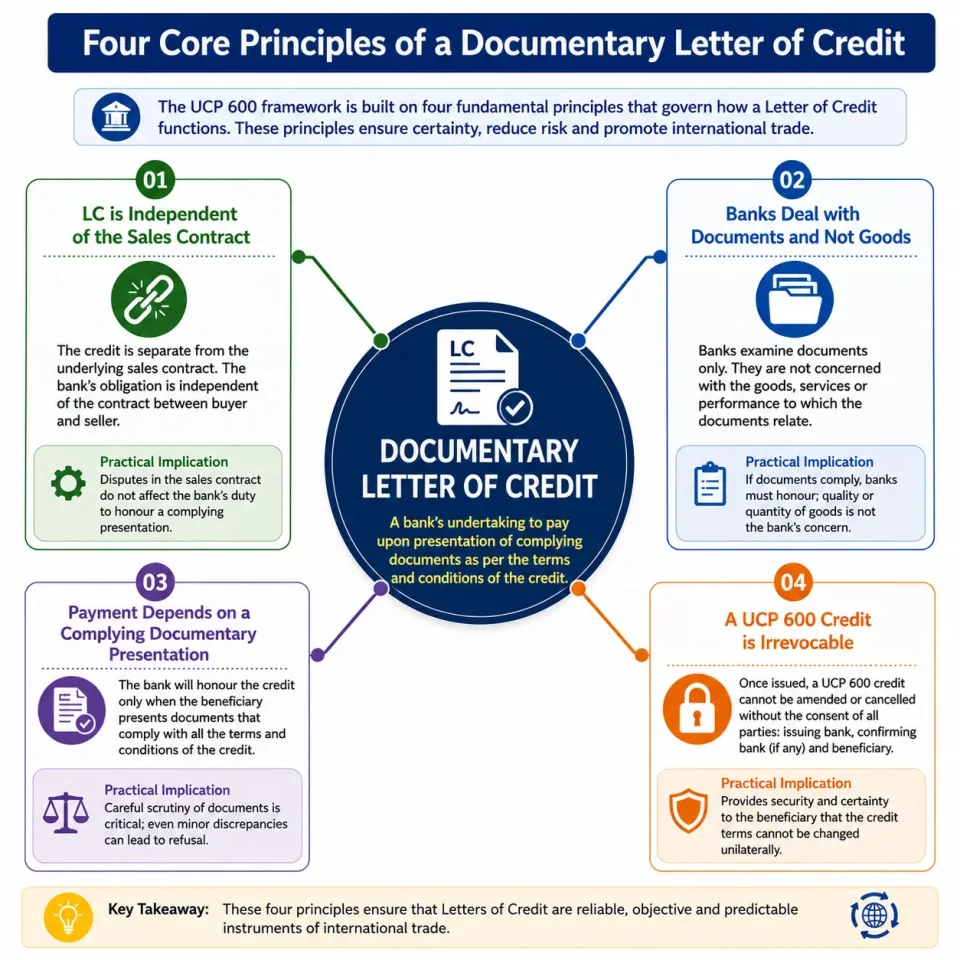 Concept map explaining independence, documentary dealing, compliance and irrevocability as the four core principles of letters of credit under UCP 600.