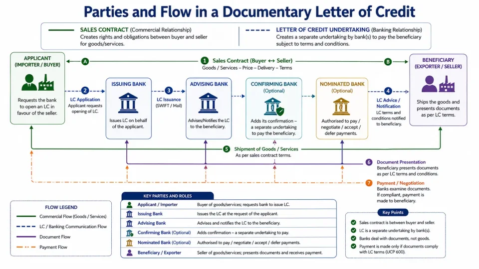 Transaction-flow diagram showing applicant, issuing bank, advising or confirming bank, beneficiary and the major steps in a documentary letter of credit.