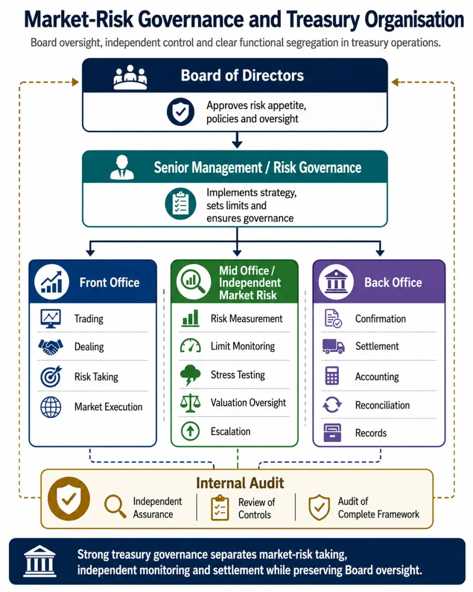 Hierarchy explaining Board oversight, senior management and the separate front-office, mid-office and back-office roles in market-risk governance.