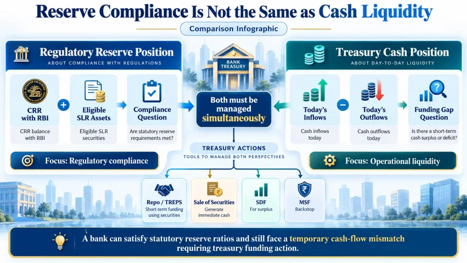 Comparison infographic distinguishing regulatory reserve compliance from day-to-day treasury cash liquidity management.