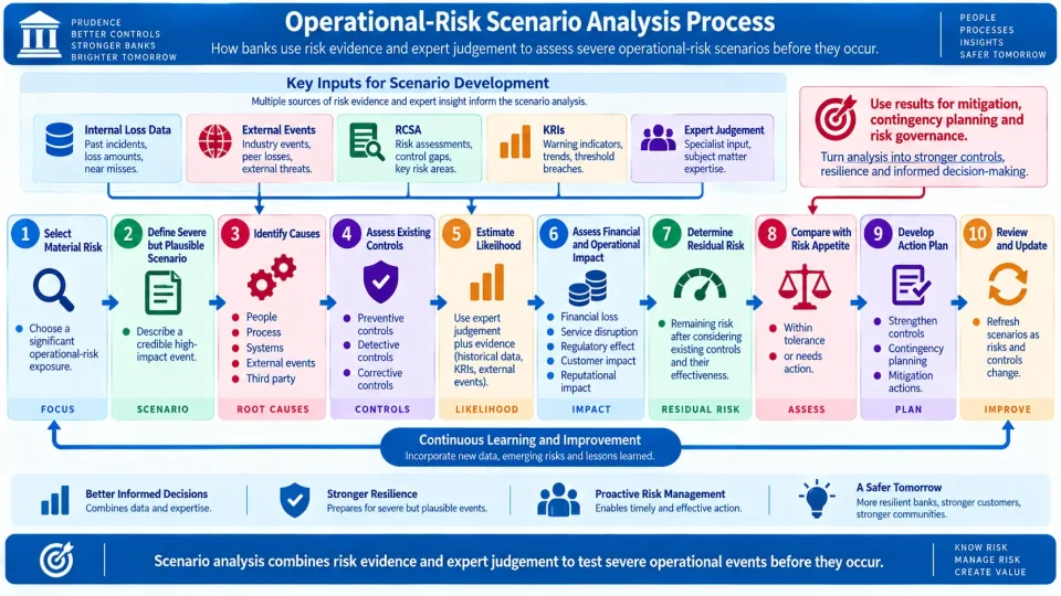 Process diagram showing how banks develop operational-risk scenarios using loss data, RCSA, KRIs and expert judgement before assessing impact and mitigation.