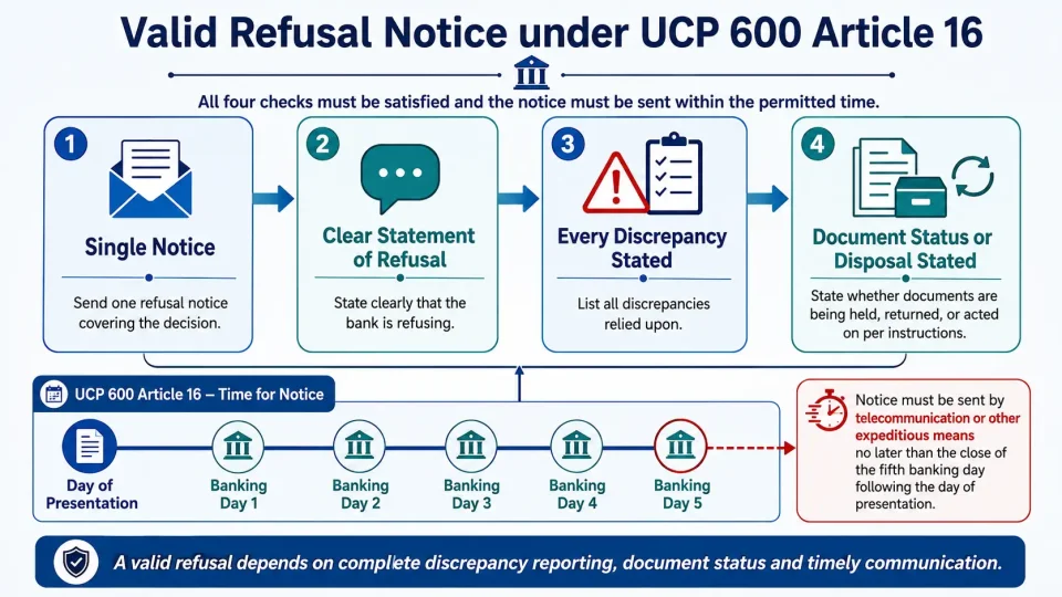 Process diagram explaining the required contents and timing of a valid documentary credit refusal notice under UCP 600 Article 16.