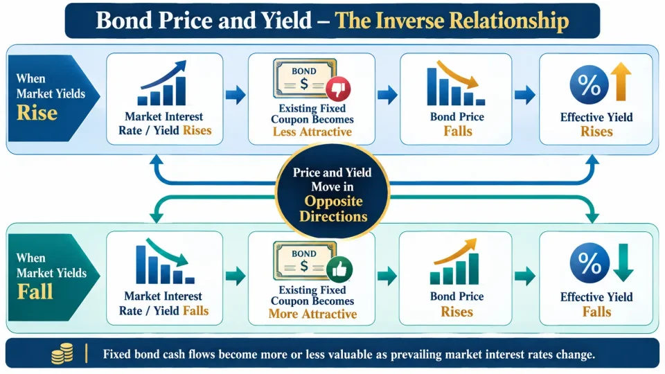 Concept map explaining why bond prices fall when market yields rise and increase when market yields decline.