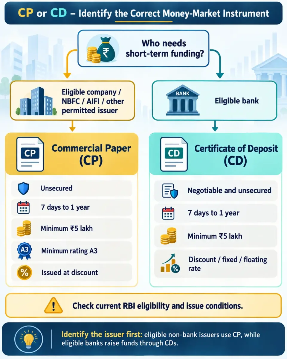 Decision tree distinguishing Commercial Paper from Certificate of Deposit according to issuer and current RBI conditions.