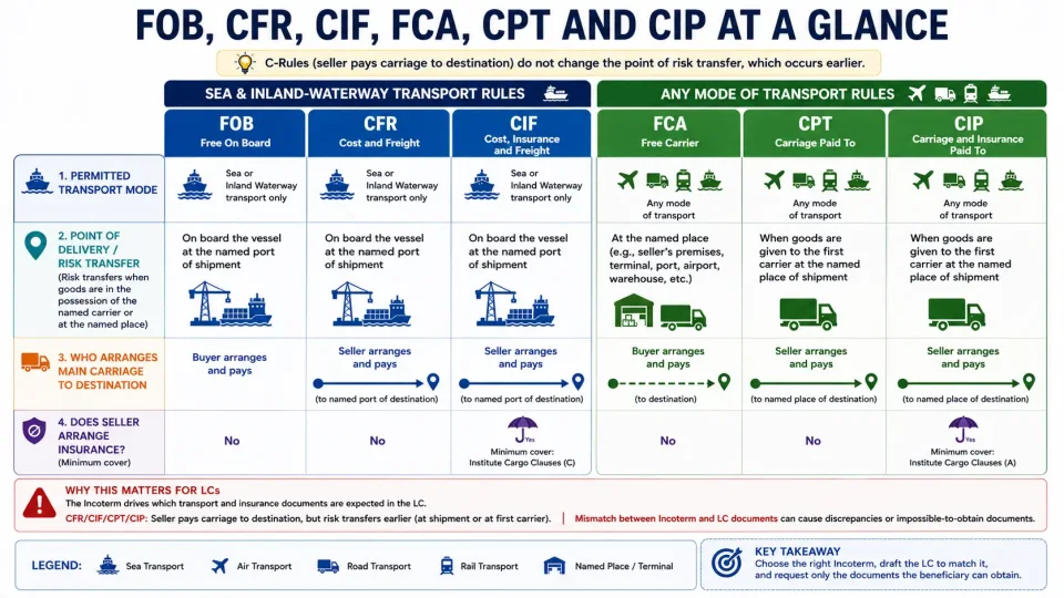 Comparison infographic showing transport mode, risk transfer, carriage and insurance responsibilities under FOB, CFR, CIF, FCA, CPT and CIP.