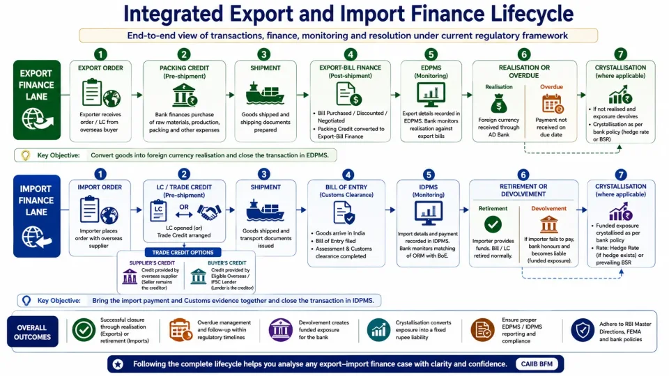 Transaction-flow diagram integrating export finance, import finance, EDPMS, IDPMS, Trade Credit, devolvement and crystallisation.