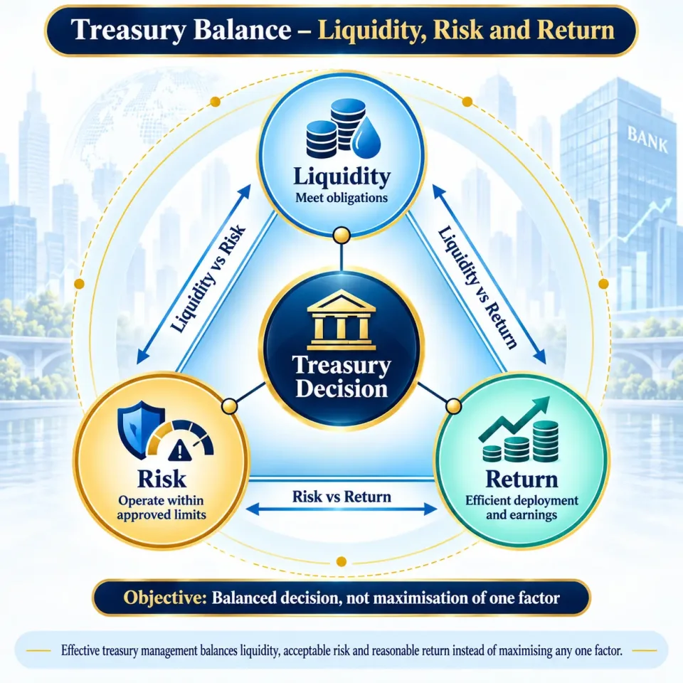 Concept map showing how bank treasury balances liquidity, financial risk and return while making funding and investment decisions.
