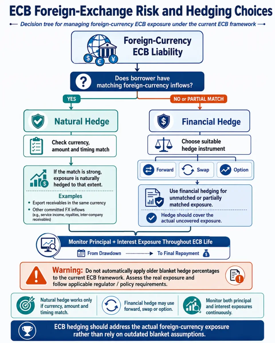 Decision tree explaining natural and financial hedging of foreign-currency ECB exposure and the importance of matching currency, amount and timing.