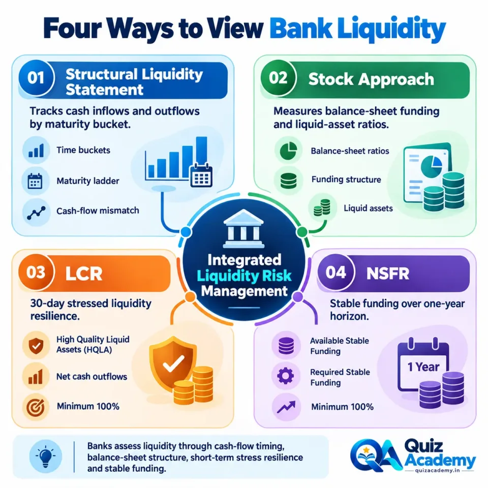 Comparison of structural liquidity, stock ratios, LCR and NSFR as complementary approaches to measuring bank liquidity risk.