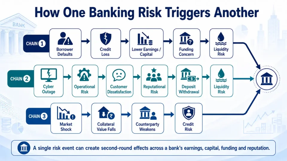 Process diagram showing how credit, market, operational, reputational and liquidity risks can trigger and amplify one another in banks.