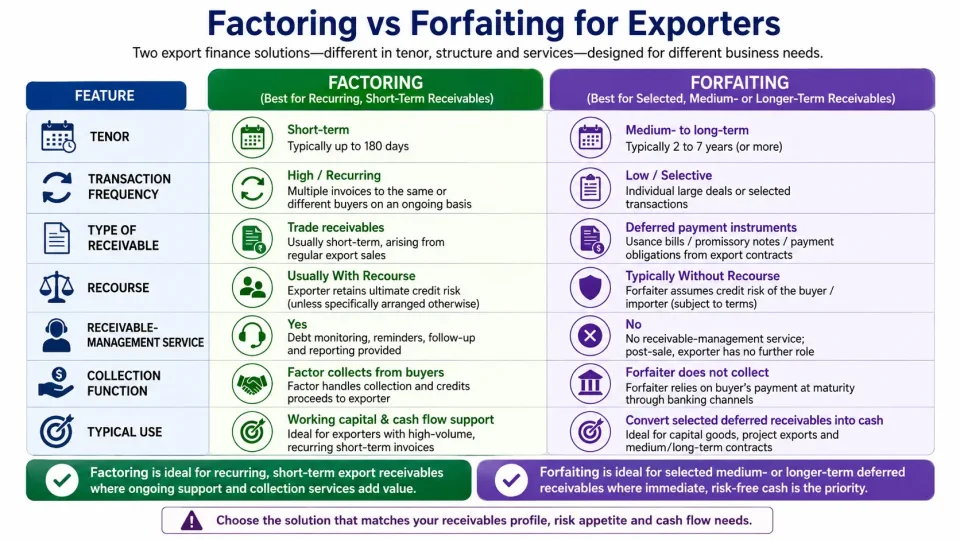 Comparison infographic explaining the differences between export factoring and forfaiting in terms of tenor, recourse, receivables and services.