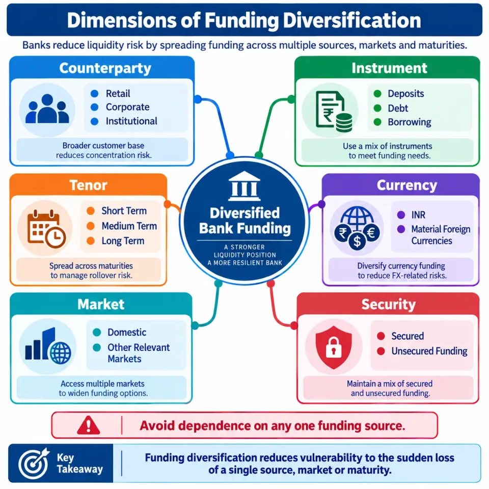 Concept map showing how banks diversify liquidity funding by counterparty, instrument, tenor, currency, market and secured or unsecured source.