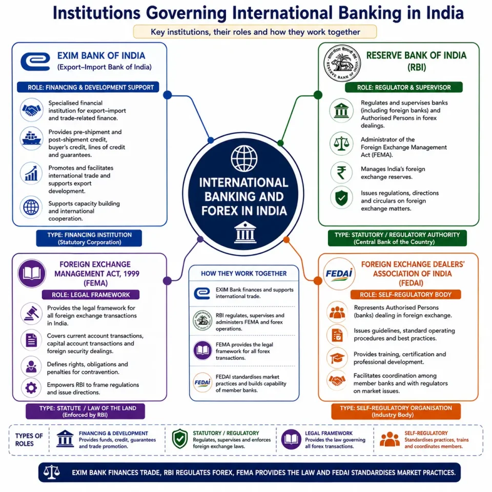 Concept map explaining the separate roles of EXIM Bank, RBI, FEMA and FEDAI in Indian international banking and foreign exchange.