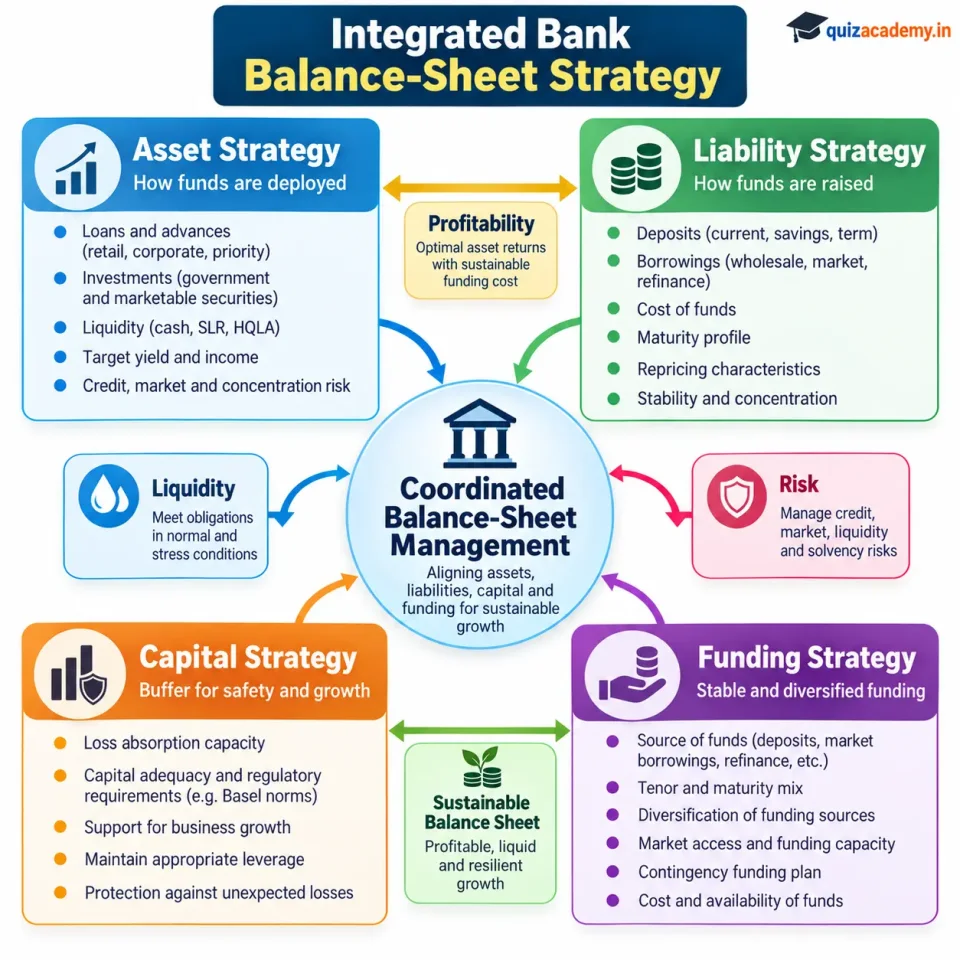 Concept map showing how banks coordinate asset, liability, capital and funding strategies to manage profitability, liquidity and risk.