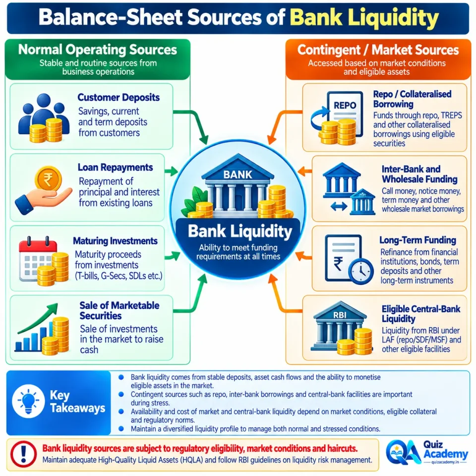 Concept map showing the major operating, market and contingent sources through which a commercial bank obtains liquidity.