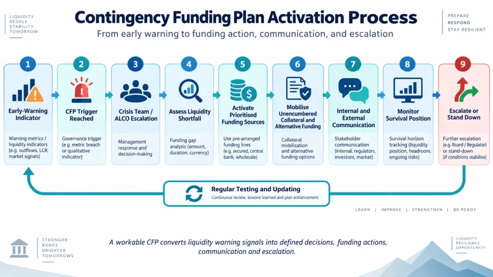 Process diagram showing how a bank activates its contingency funding plan after liquidity warning triggers and escalates funding actions.