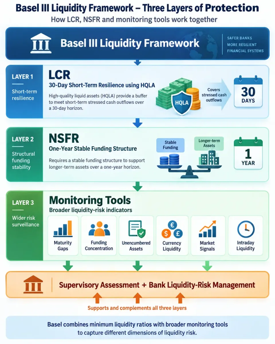 Hierarchy explaining how LCR, NSFR and liquidity monitoring tools work together within the Basel III liquidity framework.