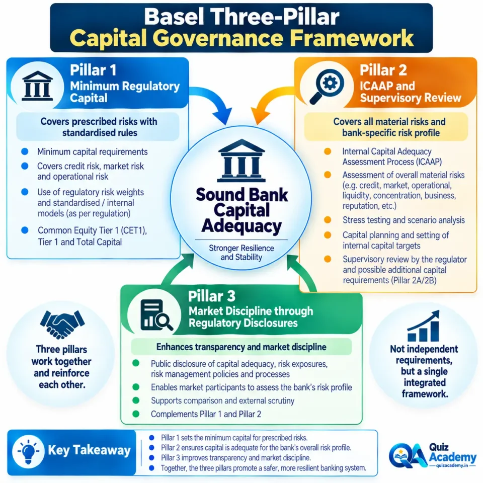Concept map explaining Basel Pillar 1 minimum capital, Pillar 2 ICAAP and supervisory review, and Pillar 3 market discipline through disclosures.