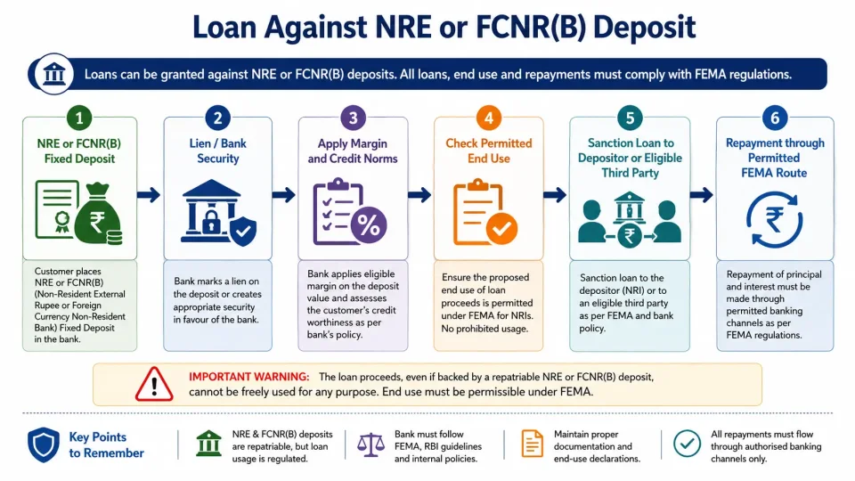 Process diagram explaining how banks grant loans against NRE and FCNR(B) deposits with margin, end-use and repayment controls.