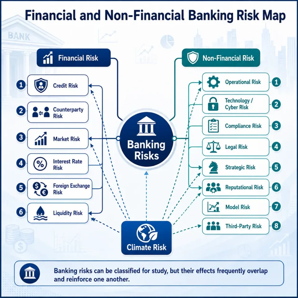 Concept map explaining major financial and non-financial banking risks and showing climate risk as a cross-cutting risk driver.