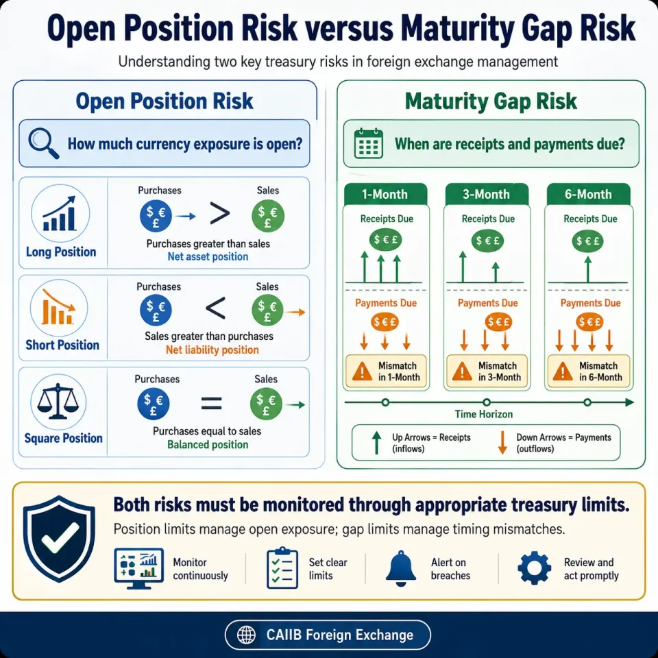 Comparison infographic explaining the difference between foreign exchange open-position risk and maturity-gap risk in a bank treasury.
