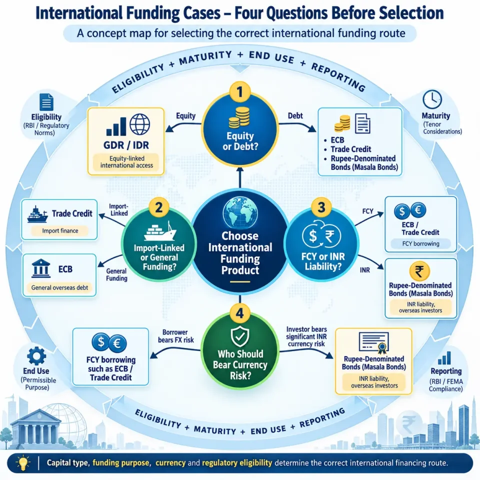 Concept map showing the main questions used to select GDR, IDR, ECB, Trade Credit or Rupee-Denominated international funding.