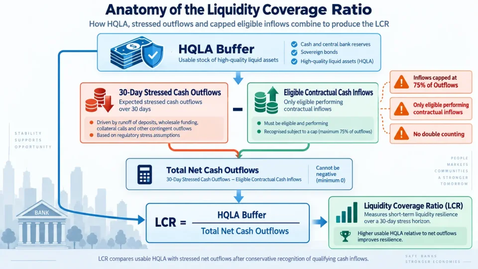 Process diagram explaining how HQLA, stressed cash outflows, eligible cash inflows and the 75 percent inflow cap combine to produce the LCR.