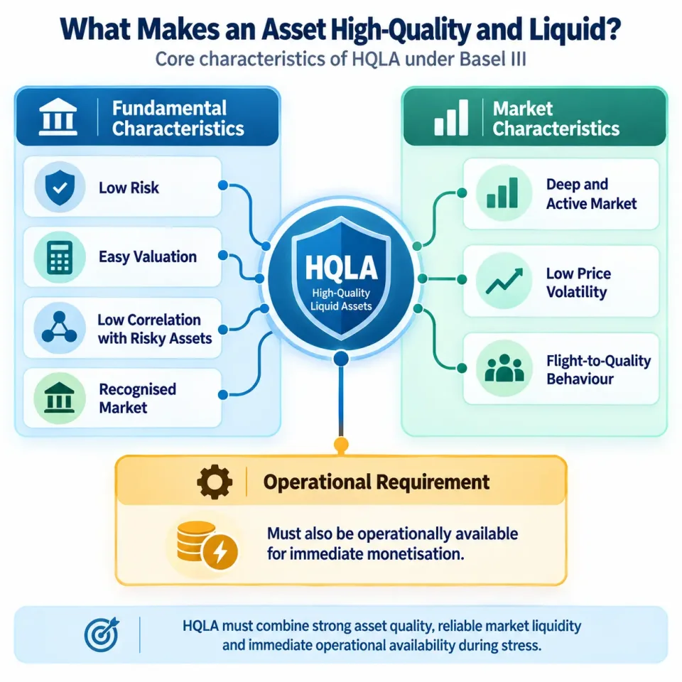 Concept map explaining the fundamental, market and operational characteristics required for an asset to qualify as HQLA under Basel III.