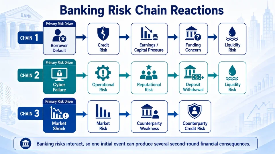 Process diagram explaining how an initial banking risk can trigger credit, market, operational, reputational and liquidity risks.