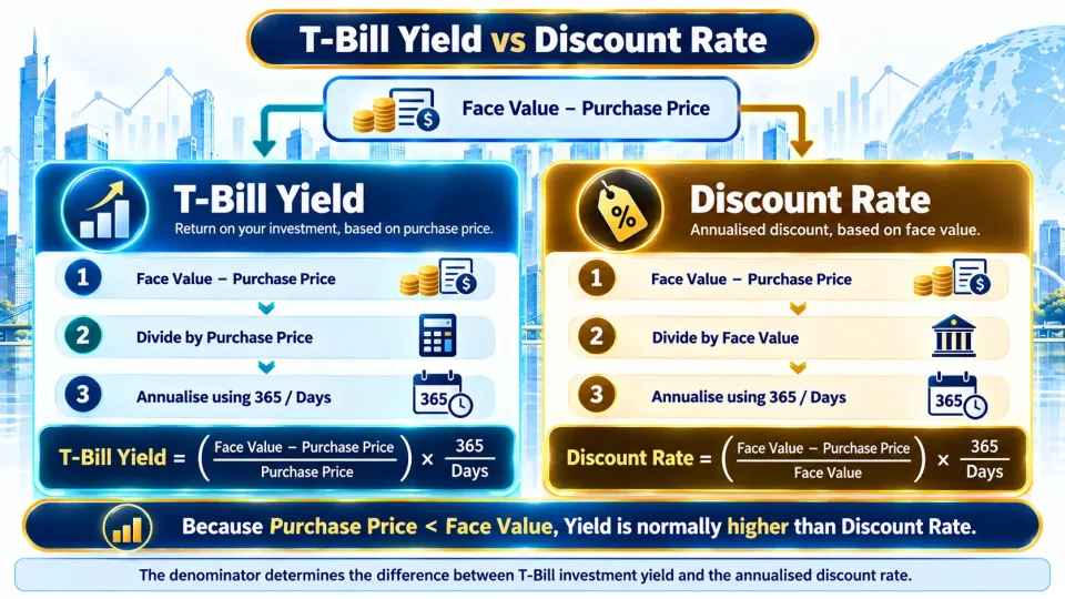 Comparison infographic showing that Treasury-Bill yield uses purchase price while discount rate uses face value as the denominator.