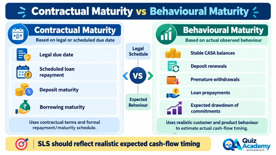 Comparison showing how contractual maturity and behavioural maturity are used to determine realistic cash-flow timing in a bank’s Structural Liquidity Statement.